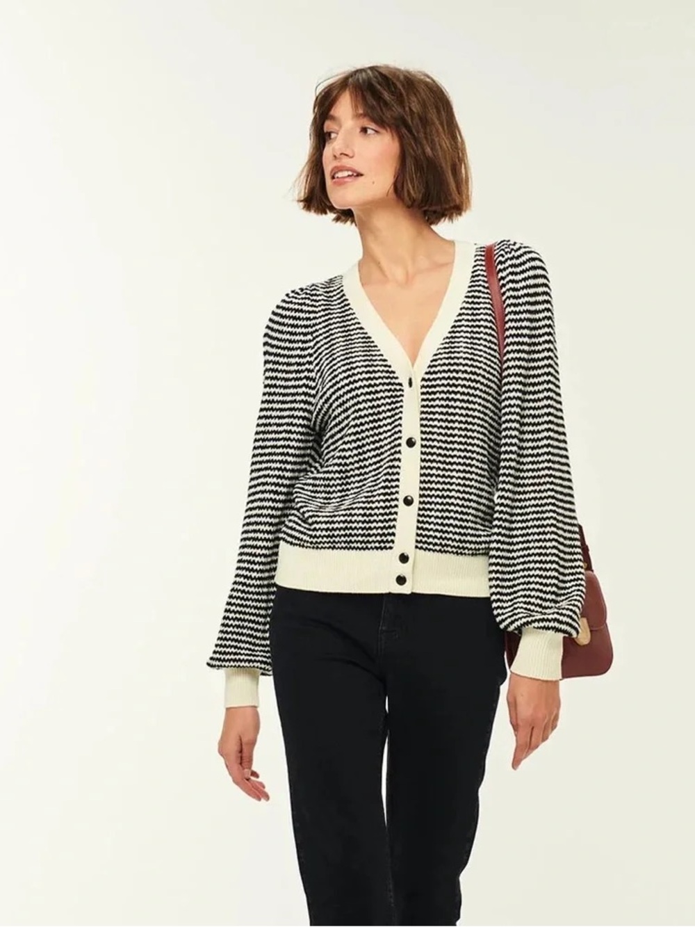 Des Petits Hauts Black & Cream Striped Puff Sleeve Sweater T2 M/L